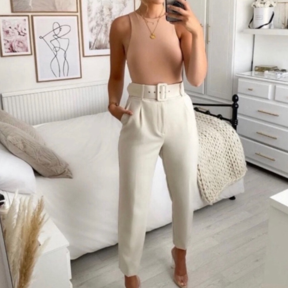 High rise belted white trousers